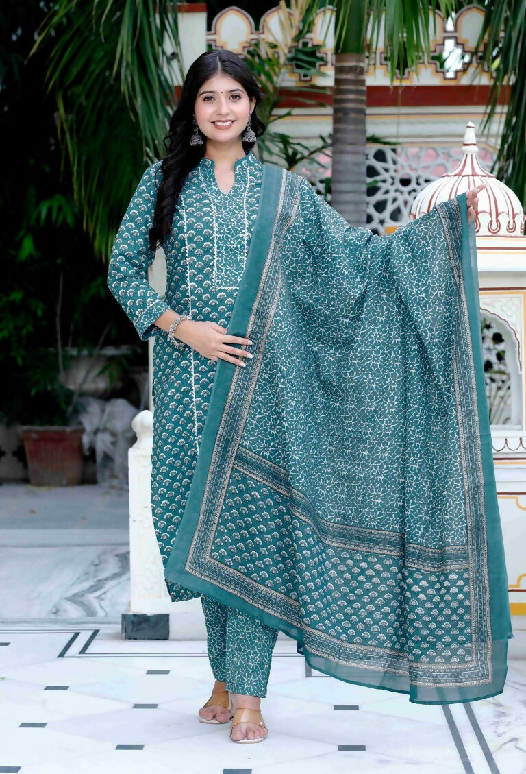 Miravan Women's Cotton Straight Style Blue Kurta With Palazzo And Dupatta