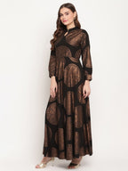 Ahalyaa Women Black Crepe Copper Foil Print Dress