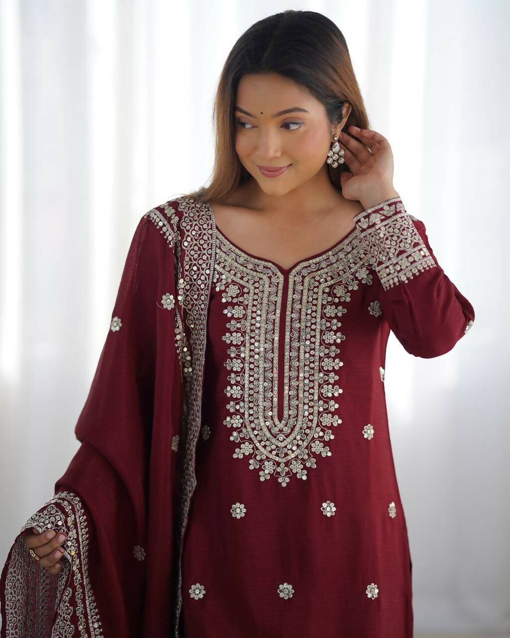 Joban Fashion Maroon Kurta Set Silk Sequins , Zari, Coding & Thread Embroidered work - Distacart