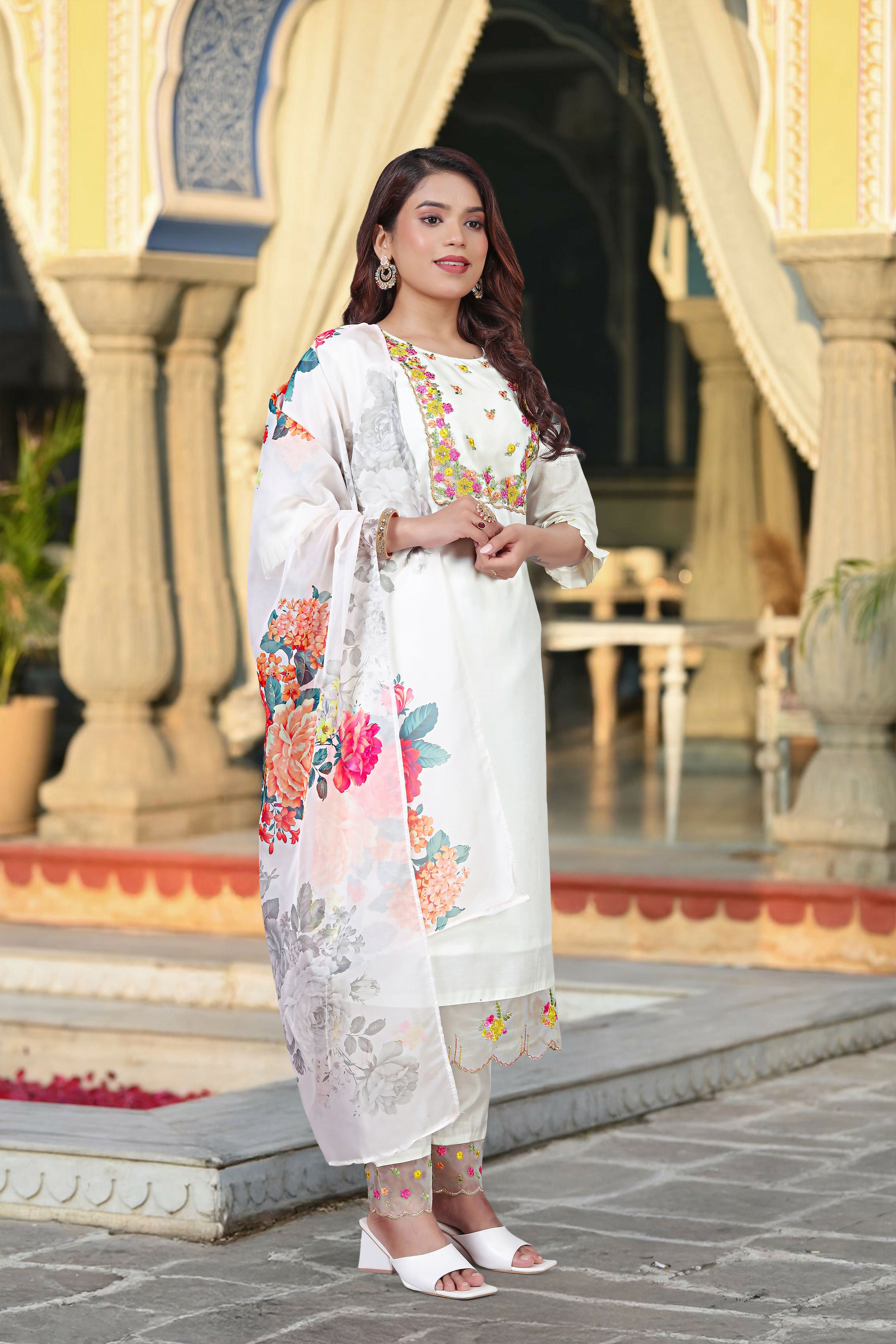 The52 Women's Beautiful Chanderi Fabric Embroidery Work Straight Kurta Pant and Dupatta Set - Distacart