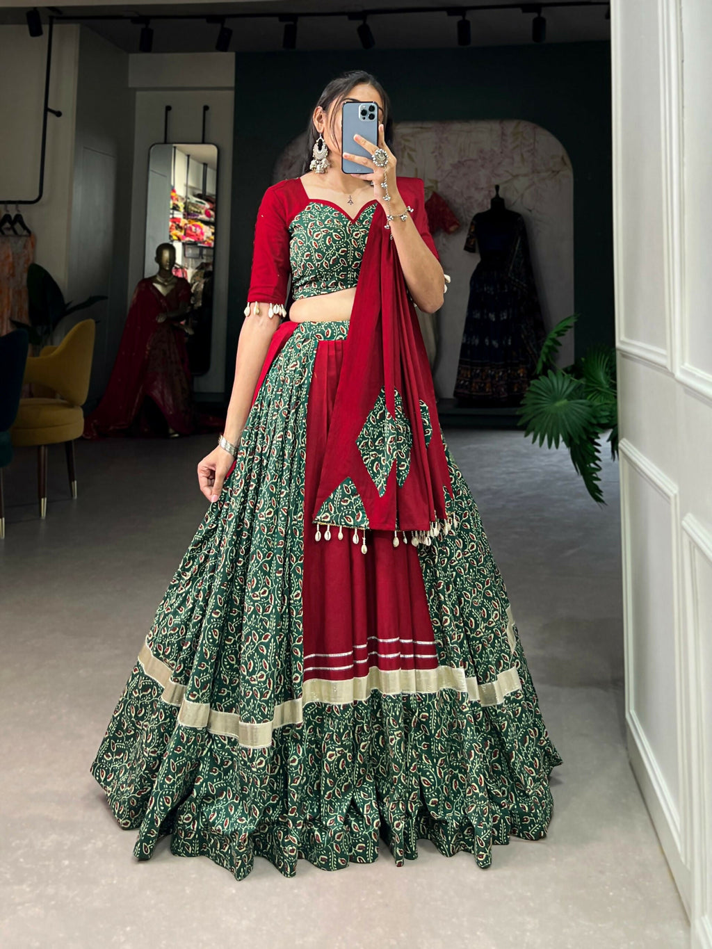 Vastranavya Navaratri Special Pure Cotton Printed With Gota Patti And Lace Touch Up Lehenga with Stitched Choli - Green