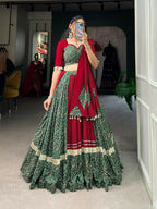 Vastranavya Navaratri Special Pure Cotton Printed With Gota Patti And Lace Touch Up Lehenga with Stitched Choli - Green