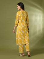 Myshka Women's Yellow Printed Cotton Straight Party Kurta Set