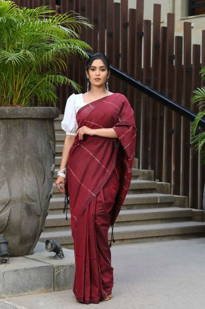 Beatitude Maroon Khadi Ghicha Stripes Saree
