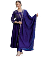 The52 Blue Women's Beautiful Embroidered Vichitra Silk Fabric with Flared Kurta, Pant and Dupatta Set - Distacart