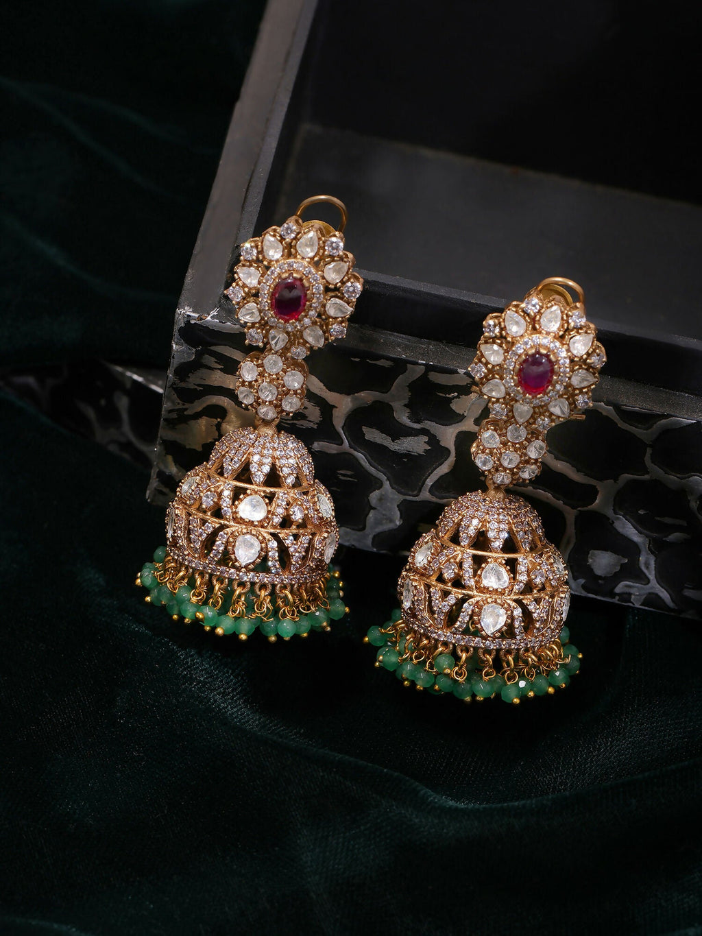 Ruby Raang Gold Polished Kundan Work Multi-Color Diamond And Stone Jhumka Earrings - Distacart
