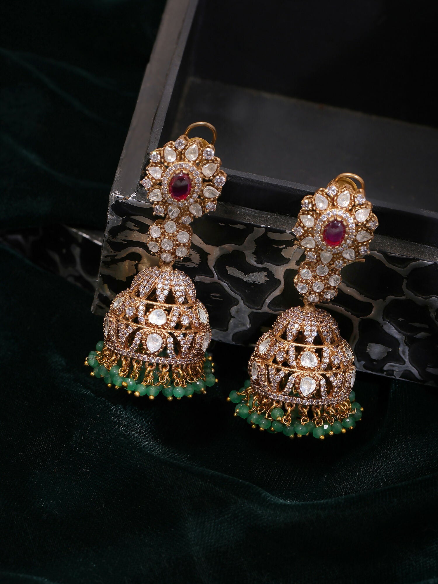 Ruby Raang Gold Polished Kundan Work Multi-Color Diamond And Stone Jhumka Earrings - Distacart