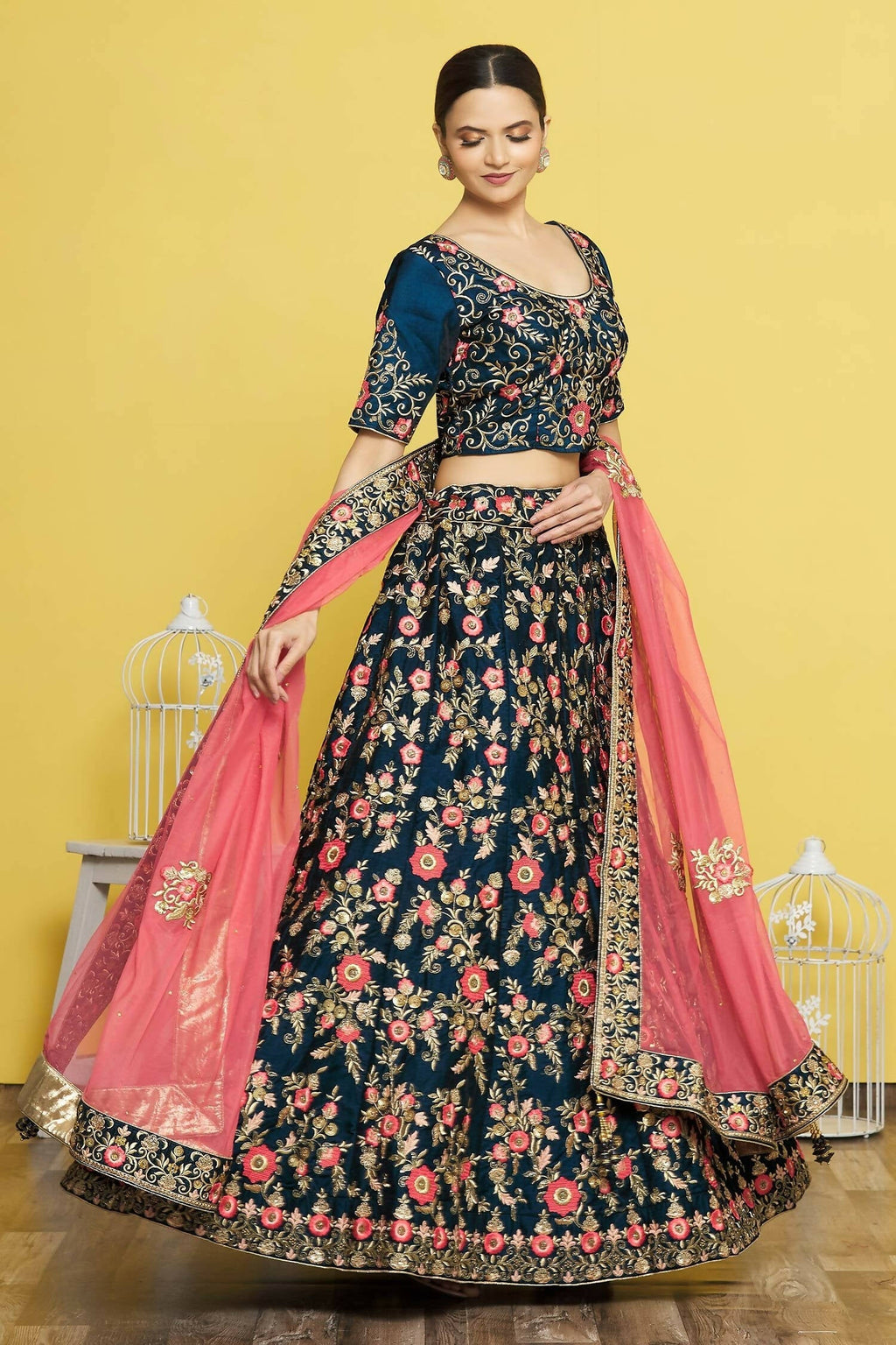 Blue Silk Semi-Stitched Wedding Bridal Lehenga - Nimaya