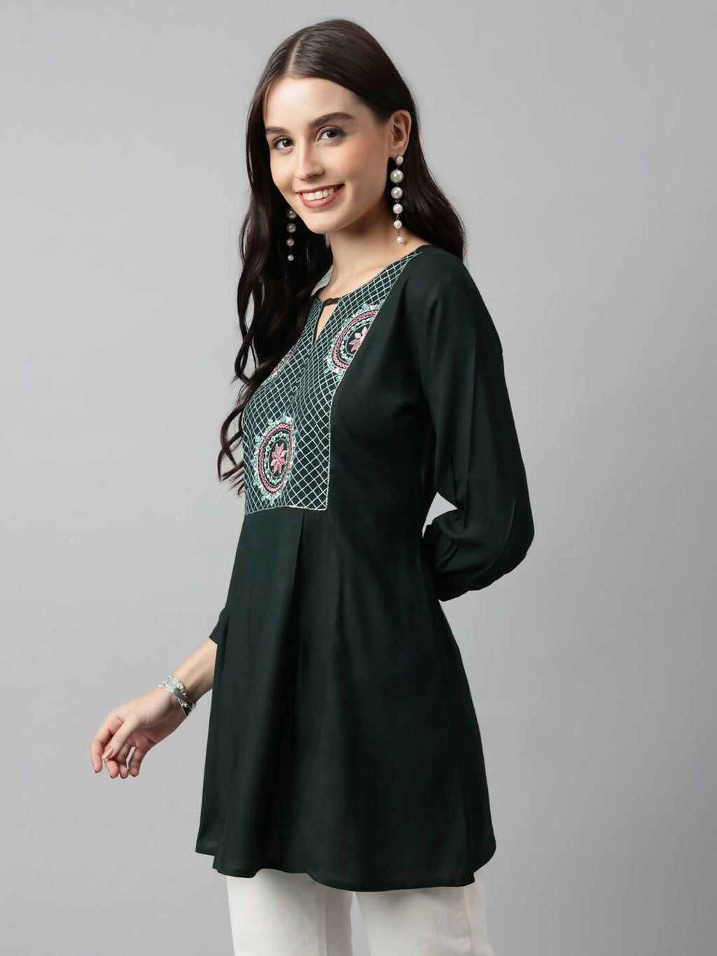 Green Rayon Yoke Embroidered A-line Top - Tarini