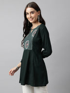 Green Rayon Yoke Embroidered A-line Top - Tarini