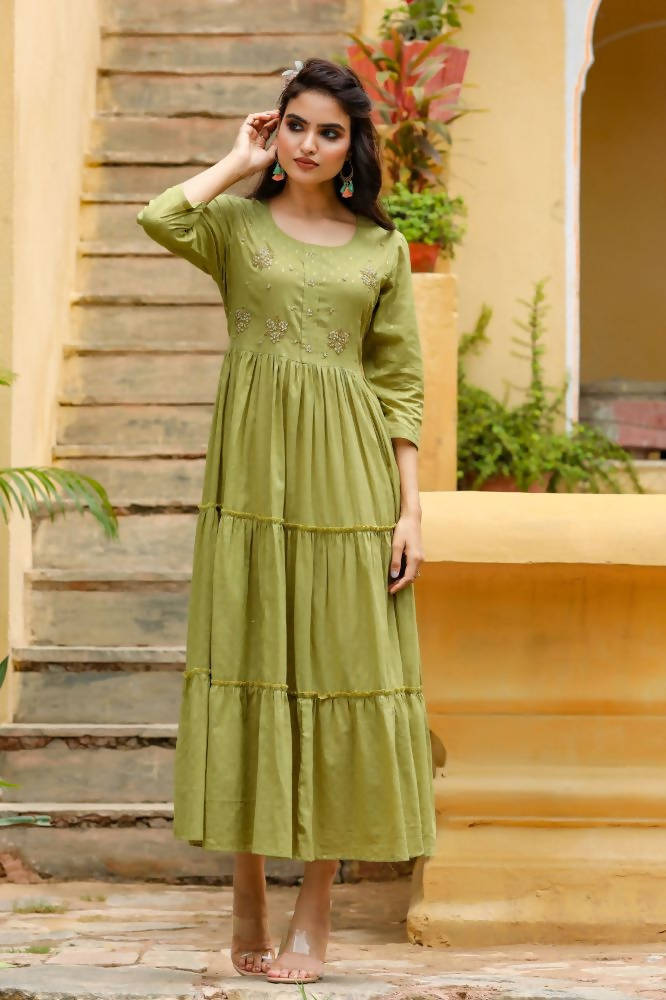 Yufta Green Cotton Dobby Dress