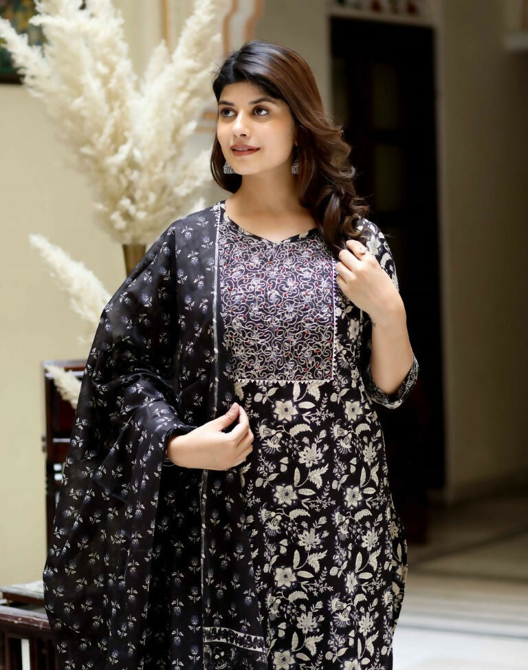 Miravan Women's Black Floral Printed Kurta Palazzo With Dupatta Set