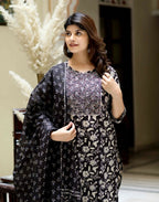 Miravan Women's Black Floral Printed Kurta Palazzo With Dupatta Set