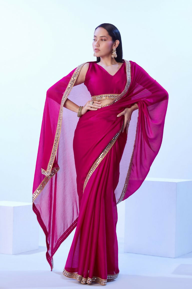 Pink Satin Chiffon Solid Designer & Lace Work Saree - Samaa