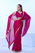 Pink Satin Chiffon Solid Designer & Lace Work Saree - Samaa