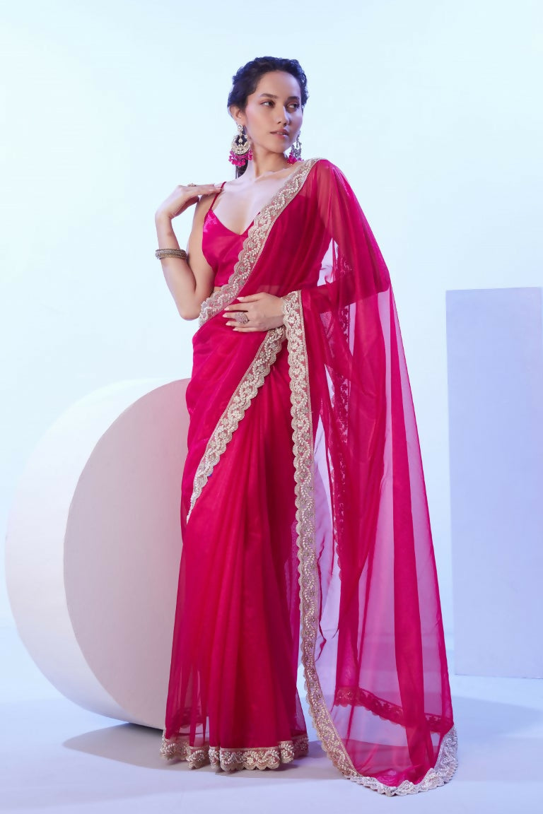 Pink C/H Net Solid Designer & Lace Work Saree - Samaa