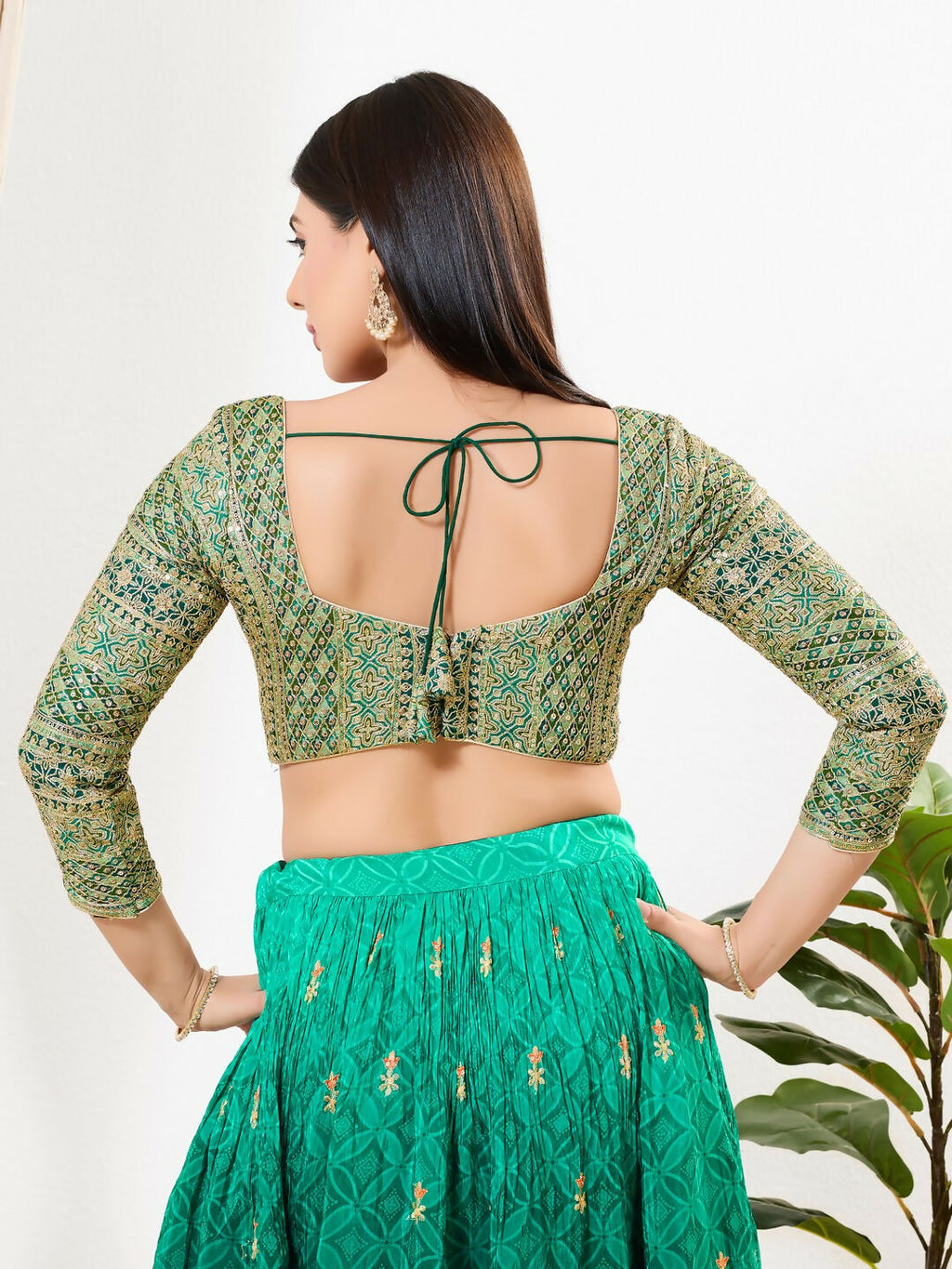 Joban Fashion Green Multi Silk Padded Blouse With Sweetheart Neck 3/4 Sleeves - Distacart