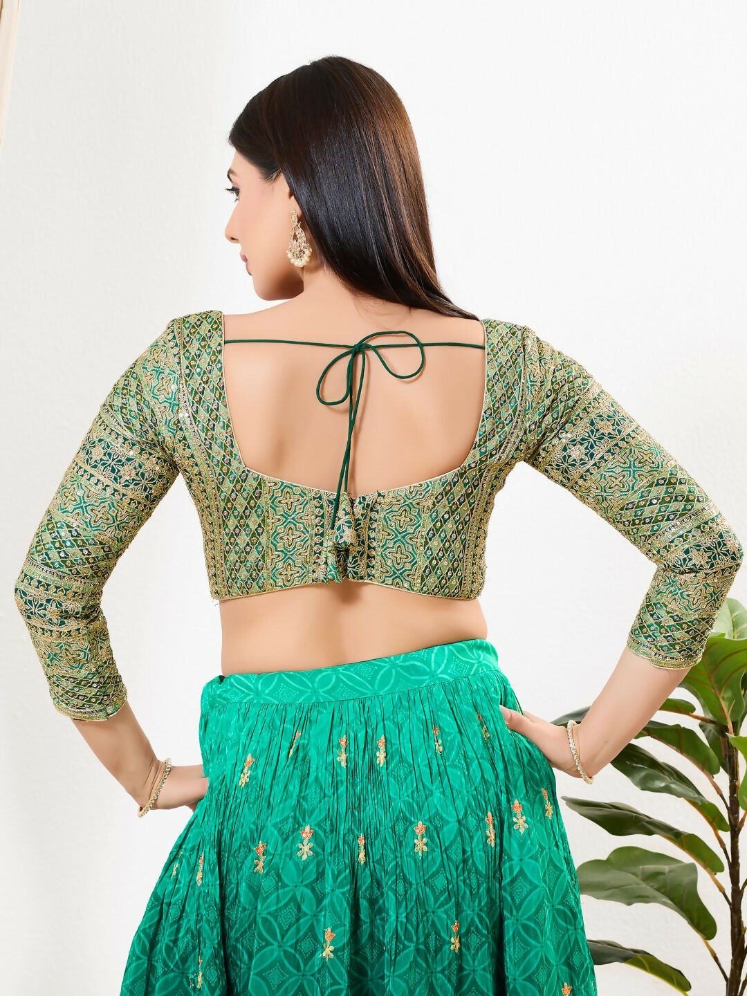 Joban Fashion Green Multi Silk Padded Blouse With Sweetheart Neck 3/4 Sleeves - Distacart