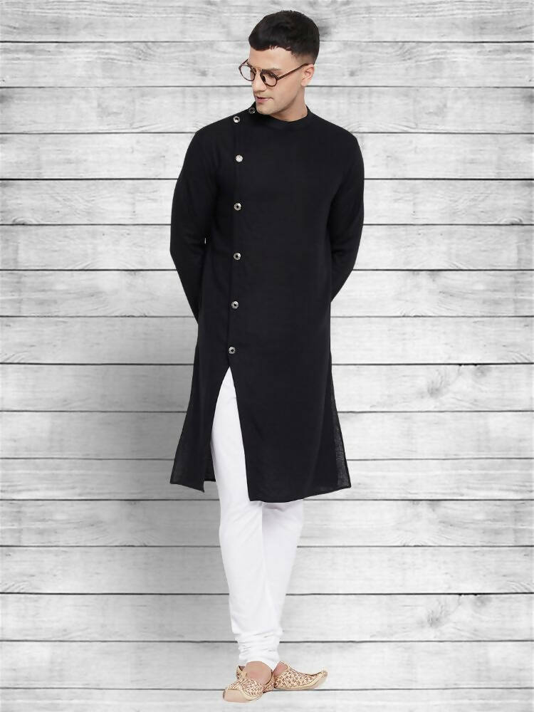 Even Apparels Black Cotton Linen Asymetrical Kurta - Black