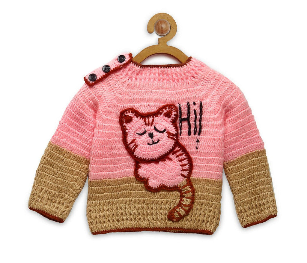 Chutput Kids Pink Kitty Design Solid Pullover Sweater