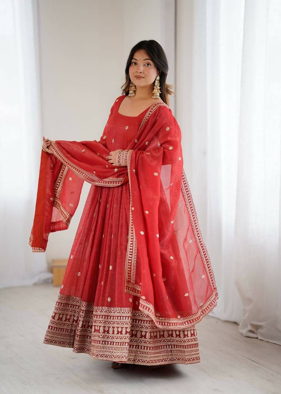 The52 Women's Beautiful Embroidery Work Crunchy Silk Fabric Flared Anarkali and Dupatta Set - Distacart
