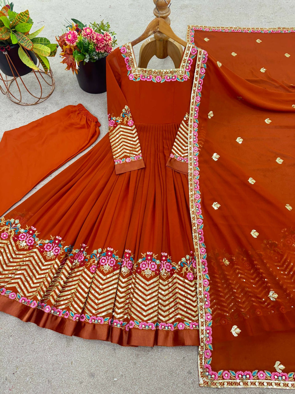 Prazu Fashion Orange Georgette Embroidered Sequence Anarkali Suit - Distacart