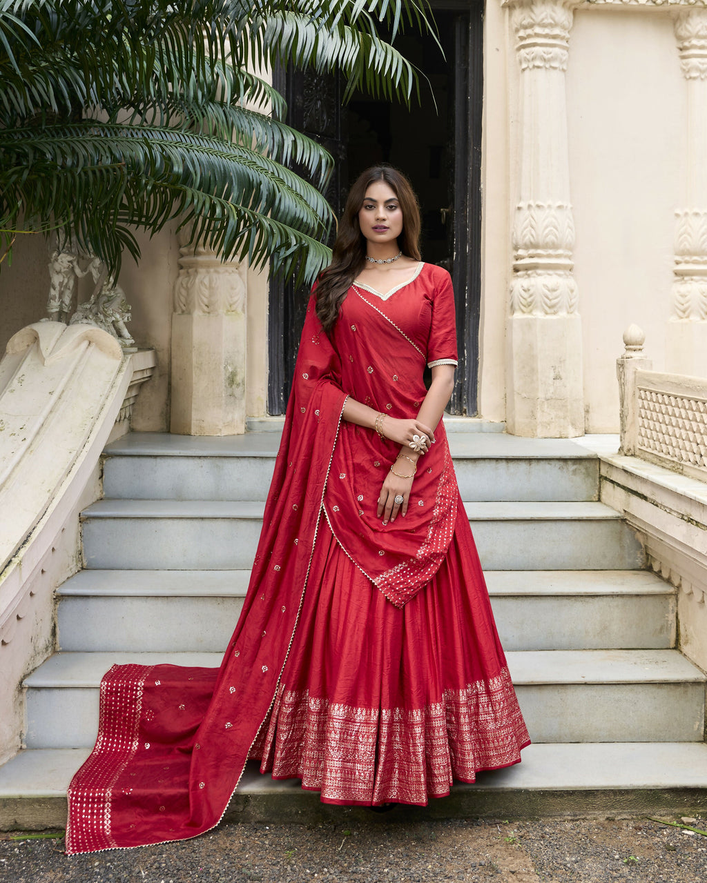 Lorenvalley Red Pure Chanderi Plain With Zari Weaving Work Border Lehenga Choli