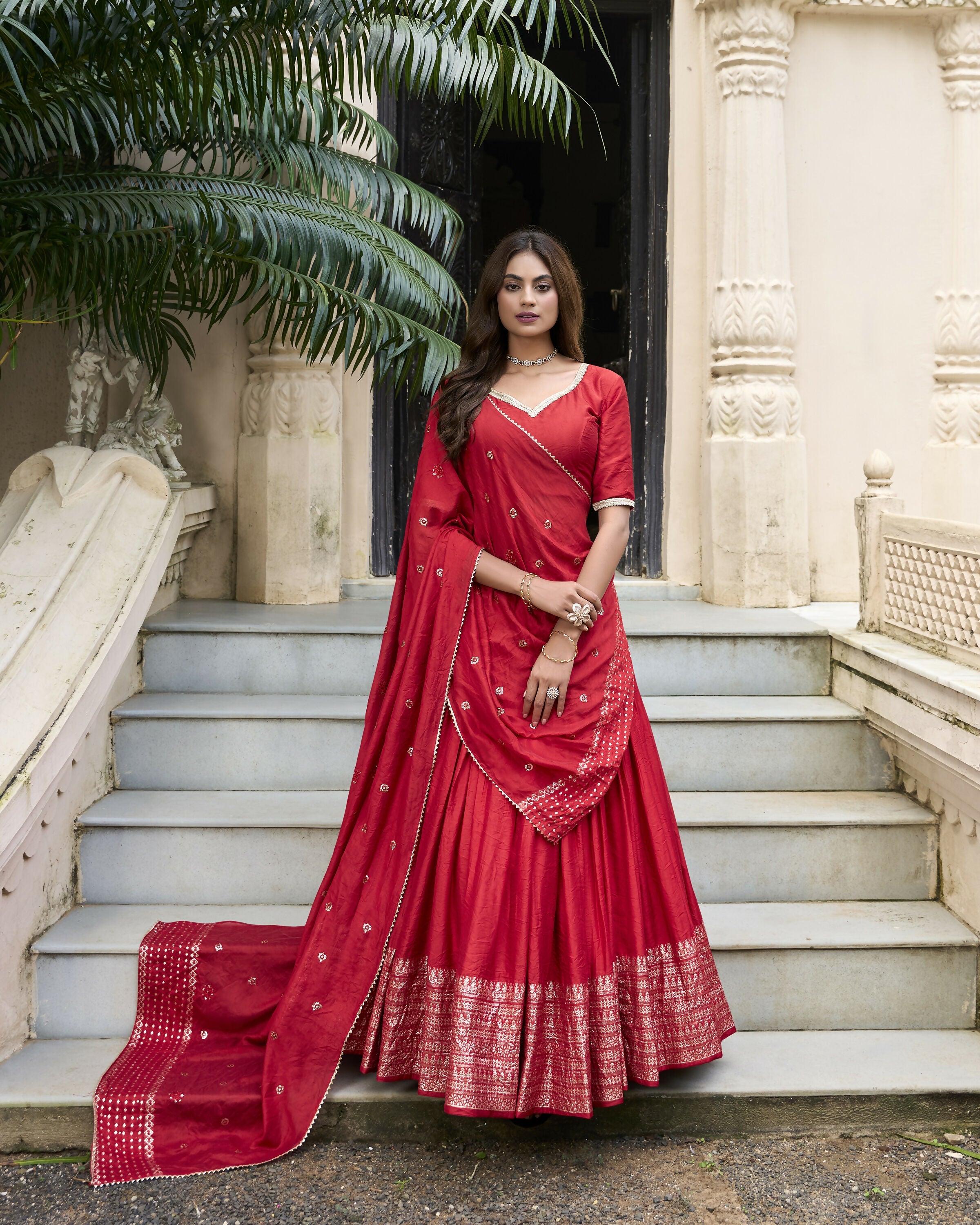 Lorenvalley Red Pure Chanderi Plain With Zari Weaving Work Border Lehenga Choli