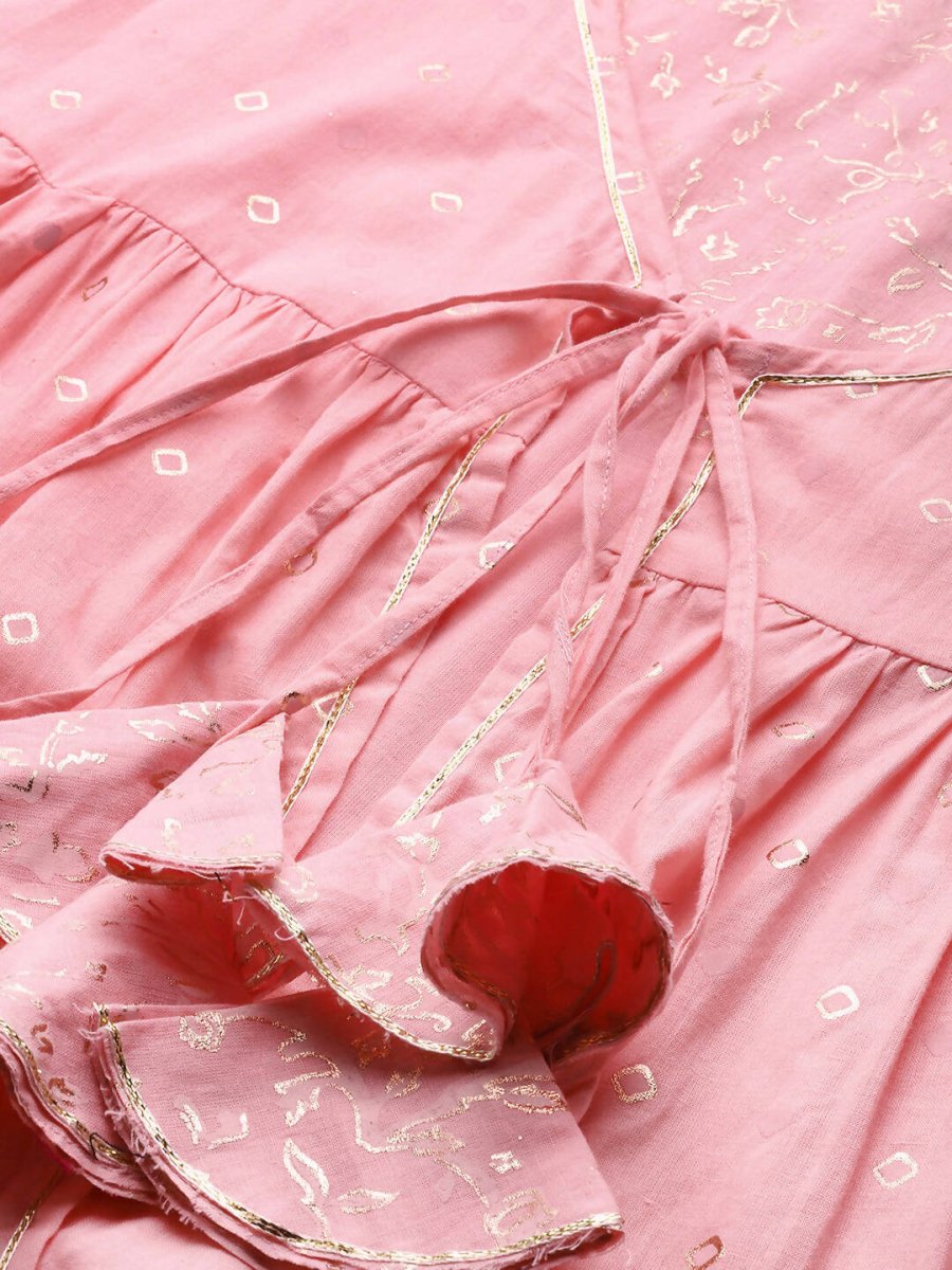 Ahalyaa Pink & Gold Ethnic Printed Layered Front Slit Cotton Anarkali Kurta Palazzos - Distacart