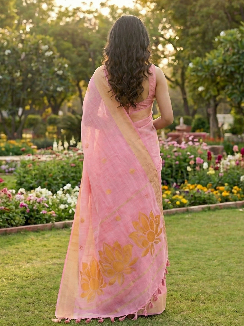 Shree Shyam Fashion Pink Linen Cotton Saree - Distacart
