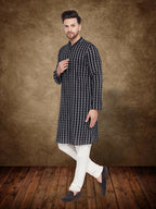 Even Apparels Men's Pure Cotton Black Check Kurta