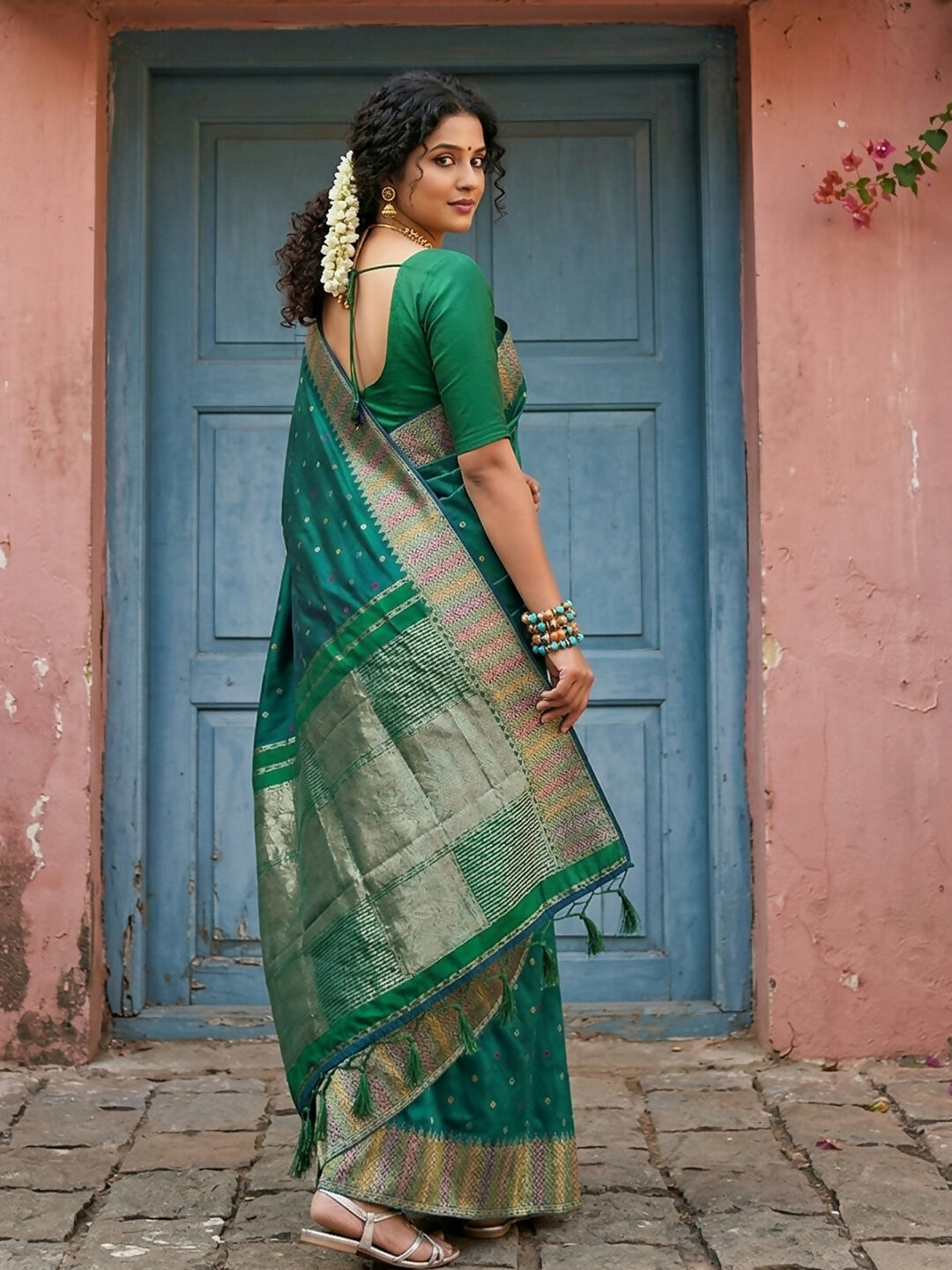 Shree Shyam Fashion Dark Green Silk Blend Saree - Distacart