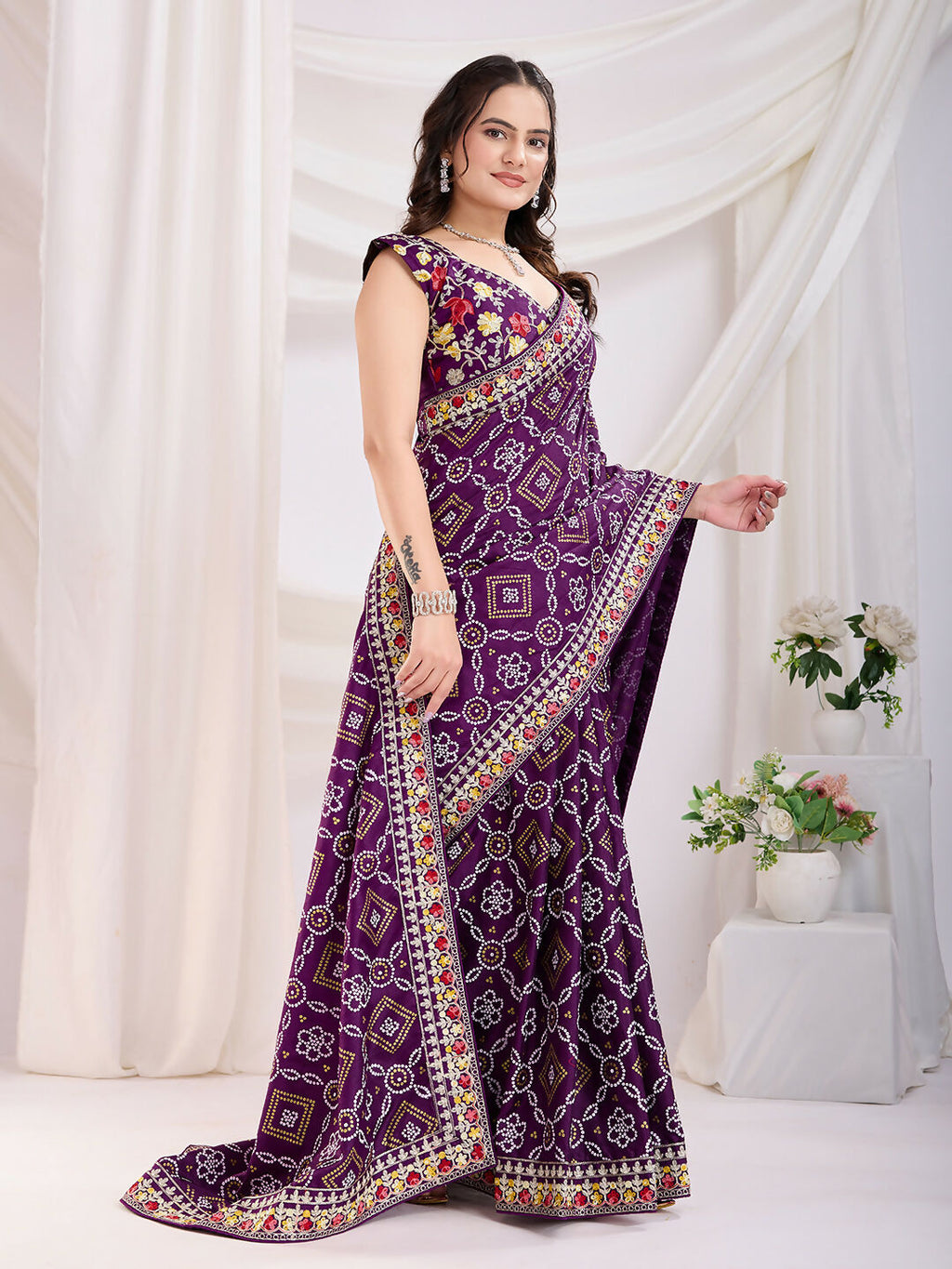 Voilet Vichitra Silk Bandhani Printed, Embroidery Work Saree - Ditya