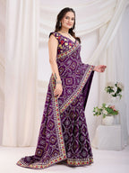 Voilet Vichitra Silk Bandhani Printed, Embroidery Work Saree - Ditya
