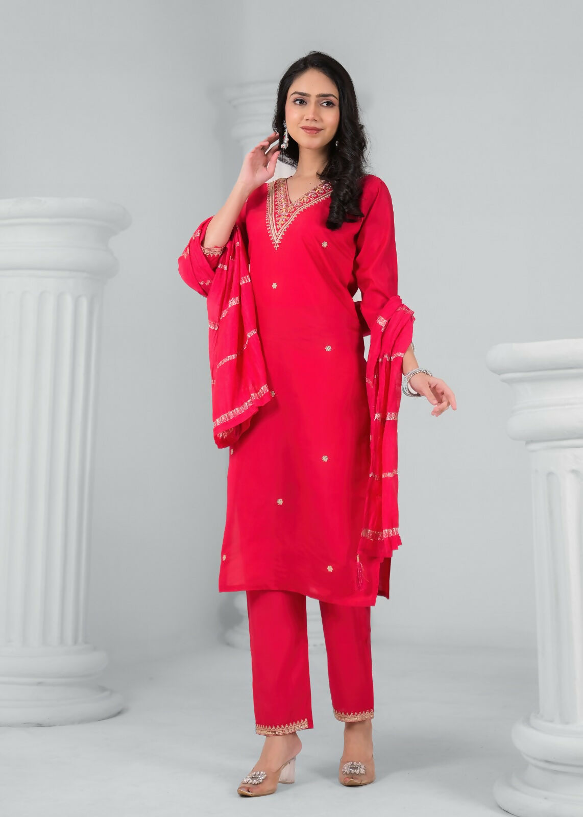 Ethnic Festive Wear Reyon Red Stitched Suit With Dupatta - Tanisha