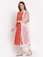 Myshka Women's Orange Printed Cotton 3/4 Sleeve Round Neck Casual Kurta Pant Dupatta Set