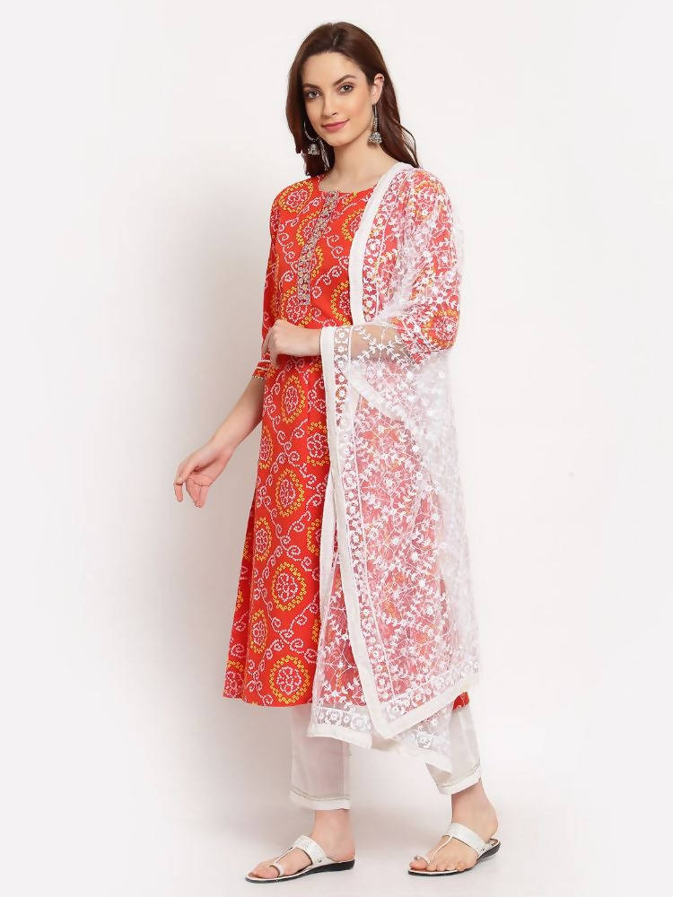 Myshka Women's Orange Printed Cotton 3/4 Sleeve Round Neck Casual Kurta Pant Dupatta Set