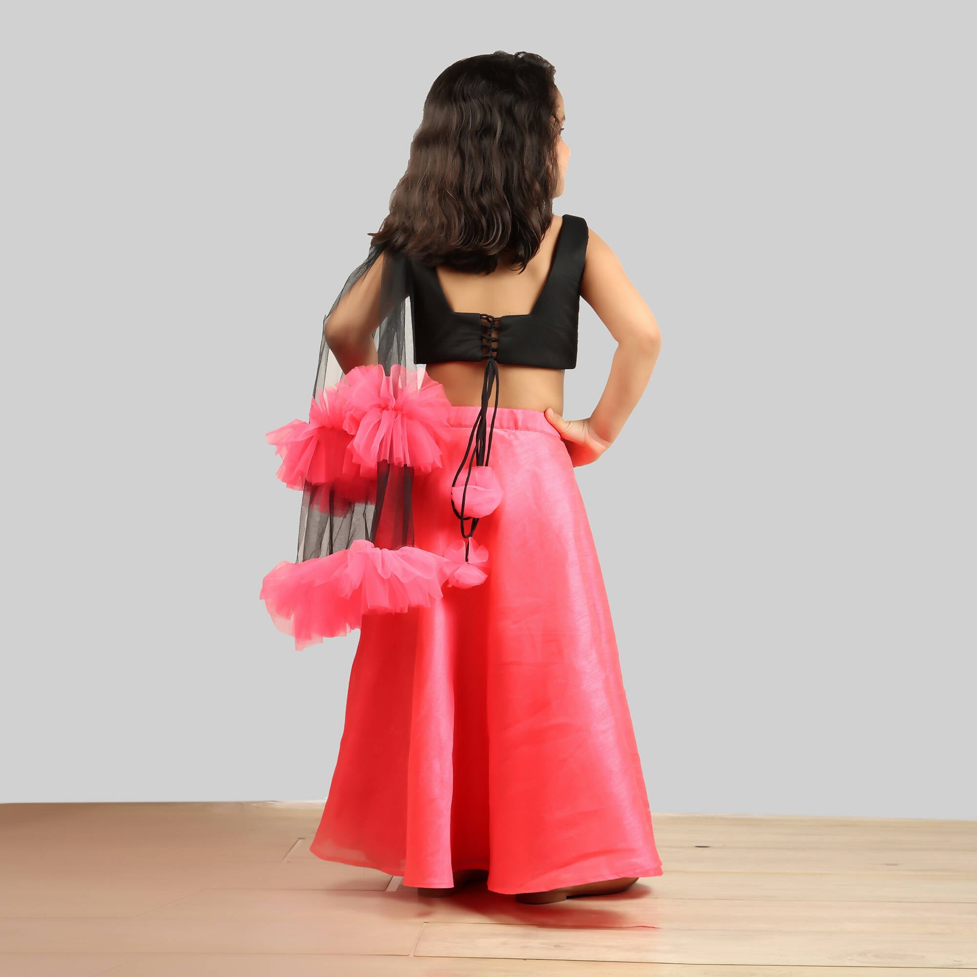 Pink Cow Fashions Black & Pink Ghagra Choli With Frill Dupatta