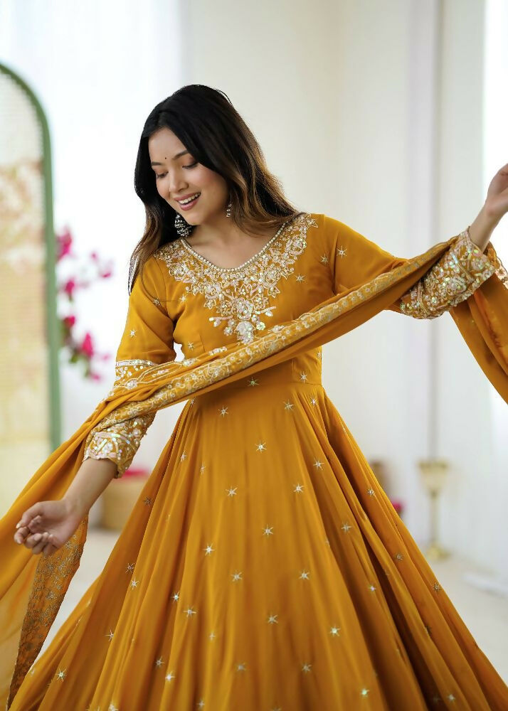 Teeya Creation Yellow Color Faux georgette Embroidery Work Wedding Wear Gown - Distacart