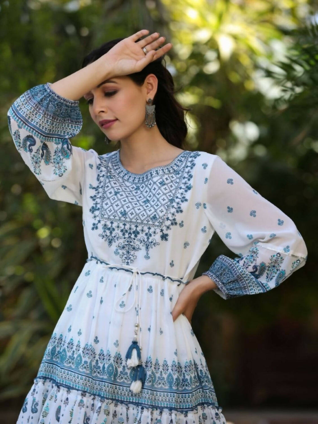 Juniper Women Off-White Georgette Printed Short Tiered Dress with Embroidered Yoke - Distacart
