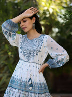 Juniper Women Off-White Georgette Printed Short Tiered Dress with Embroidered Yoke - Distacart