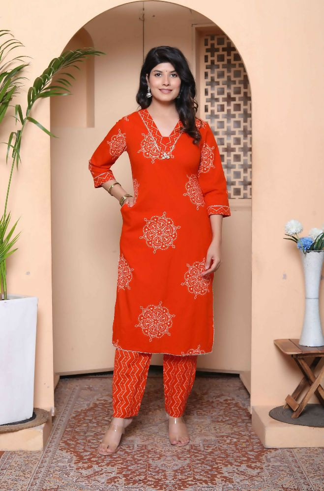 Miravan Womens Orange Floral Print Straight Kurta With Palazzo - Distacart