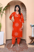 Miravan Womens Orange Floral Print Straight Kurta With Palazzo - Distacart