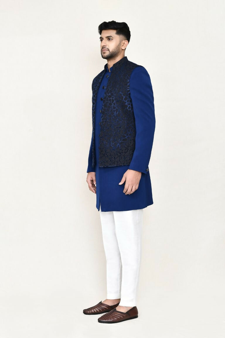 Joban Fashion Blue Colored Imported Jacquard Fabric Open Jacket, Indo Western With Straight Fit Pant