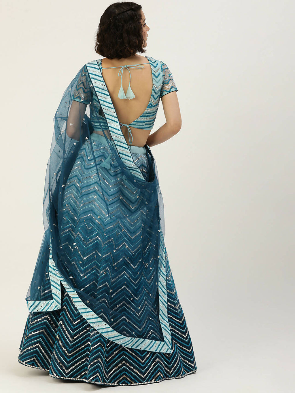 House of Panchhi Women Teal shading Net Mirror Embroidered Lehenga & Blouse with Dupatta