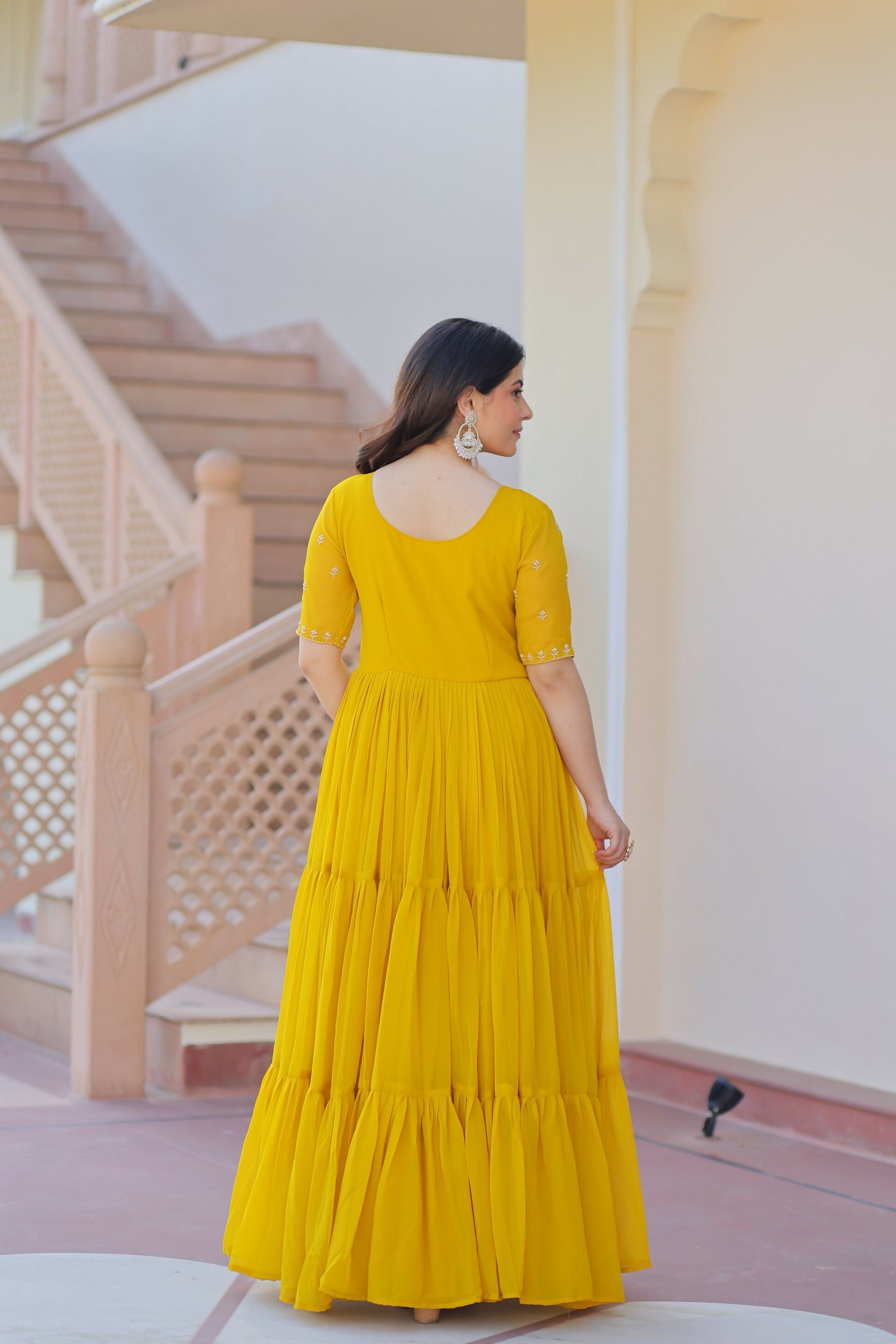 Joban Fashion Yellow Georgette Sequence Embroidery Work Gown - Distacart