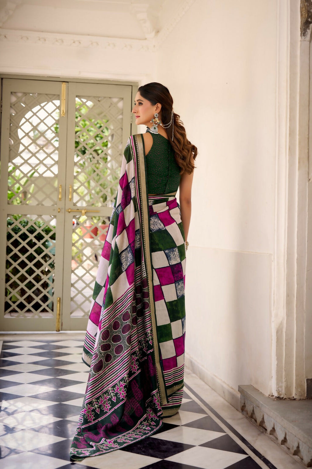 Vastranavya Green Viscose Chanderi Printed with Temple Border Saree & Unstitched Blouse - Distacart