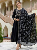 The52 Black Women's Beautiful Embroidered work Chinon Fabric with Flared Kurta, Pant and Dupatta Set - Distacart