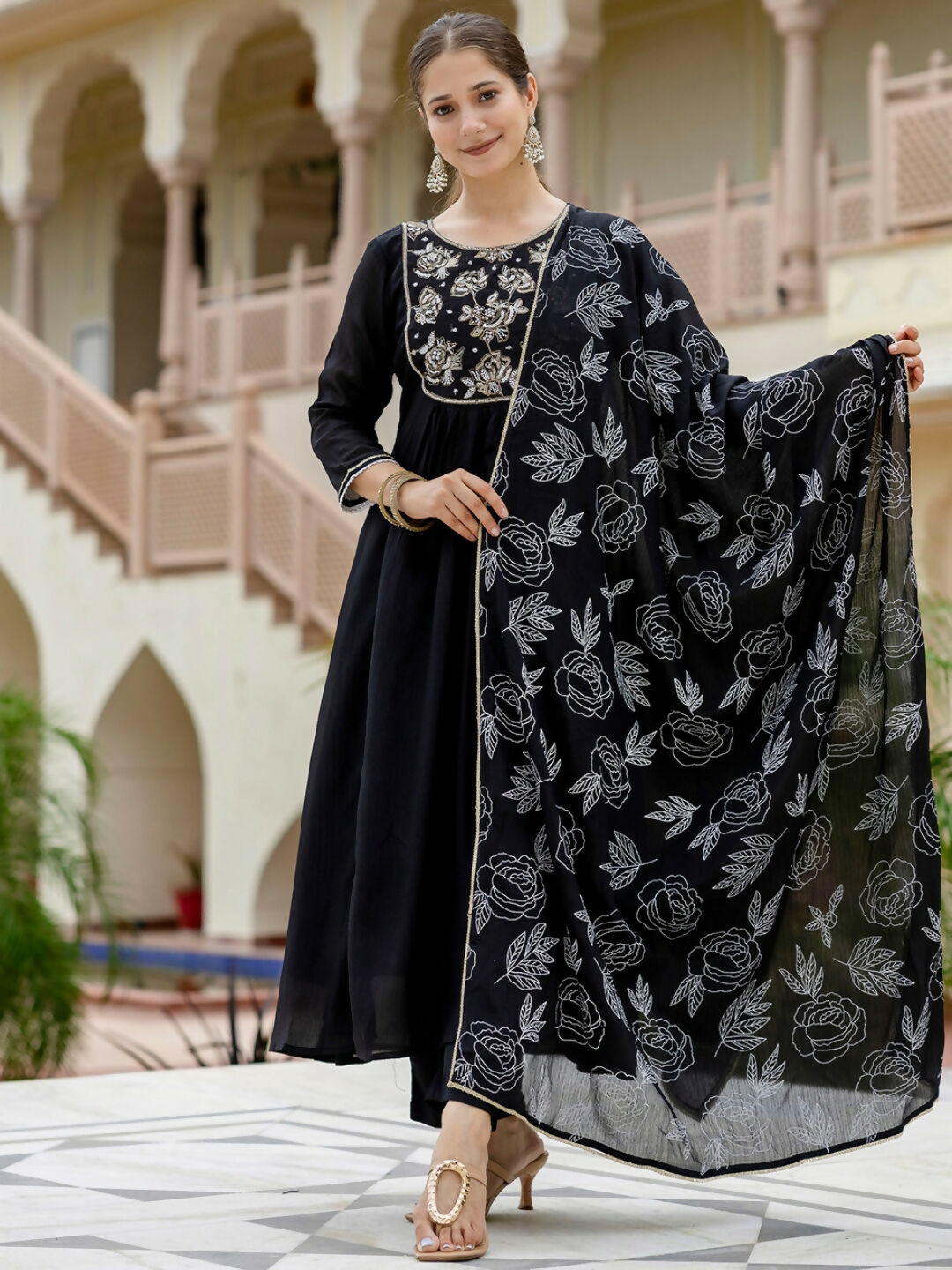 The52 Black Women's Beautiful Embroidered work Chinon Fabric with Flared Kurta, Pant and Dupatta Set - Distacart