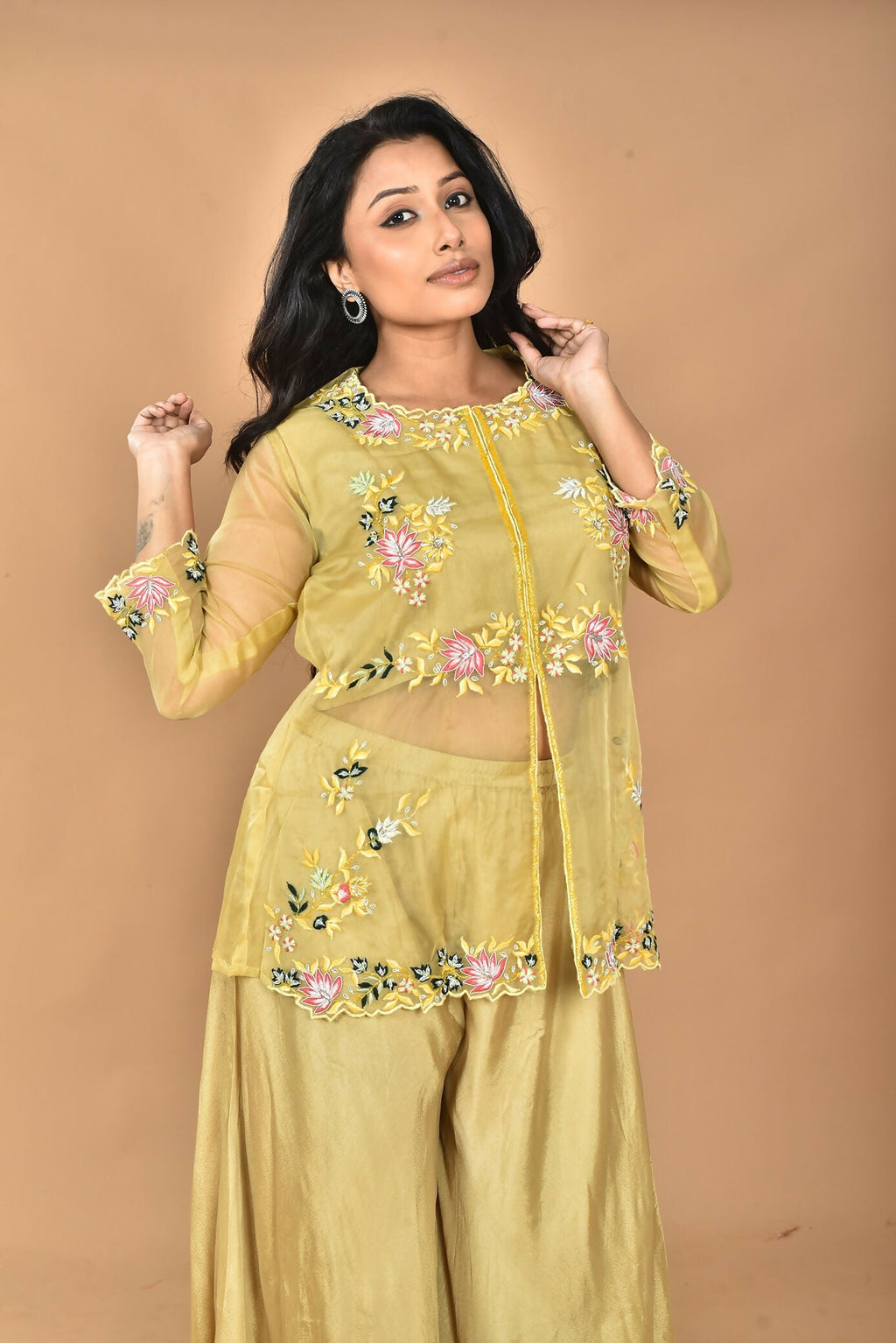 Morchari Women And Hand Embroidery Palazzo Set-Mustard